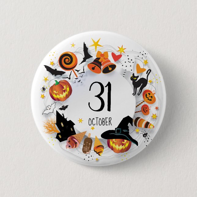 Badge Rond 5 Cm Halloween BOUTON du 31 octobre - "traitez ou dupez (Devant)