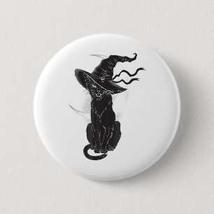Badge Rond 5 Cm Halloween Chat Noir Sorcière Casquette Lune
