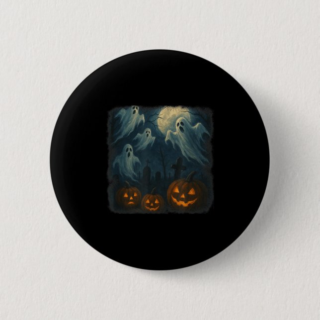 Badge Rond 5 Cm Halloween. Fantômes, Citrouilles Et Cimetière ! (Devant)