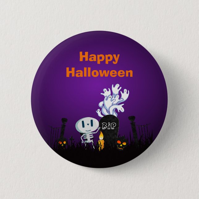 Badge Rond 5 Cm Halloween Graveyard Éffrayant Cute Skeleton & Ghos (Devant)