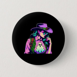 Badge Rond 5 Cm Halloween Occidentale Cowgirl Avec Ghost Pop Art