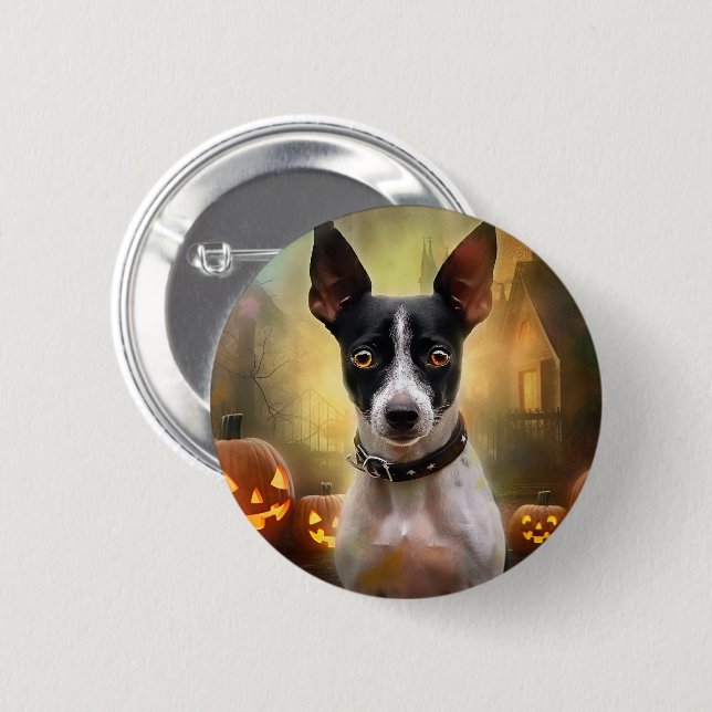 Badge Rond 5 Cm Halloween Rat Terrier Avec La Peur Citrouille (Devant & derrière)