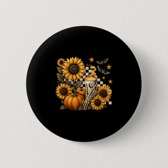 Badge Rond 5 Cm Halloween Skeleton Coffee, Soky Sunflowers Pumpkin (Devant)