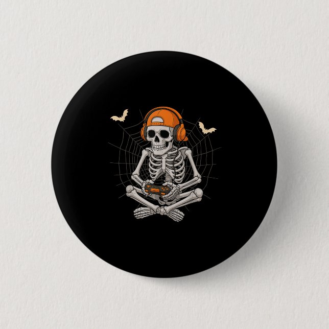 Badge Rond 5 Cm Halloween Squelette Gamer Vidéo Jeu Drôle Skelet (Devant)