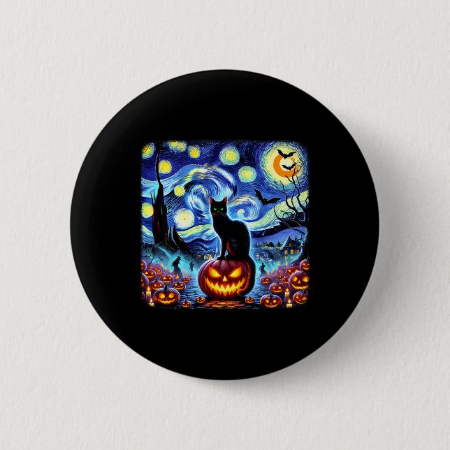 Badge Rond 5 Cm Halloween Van Gogh Starry Night Chat noir Citrouil (Devant)