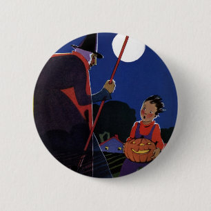 Badge Rond 5 Cm Halloween vintage, sorcière Déplaisante avec garço