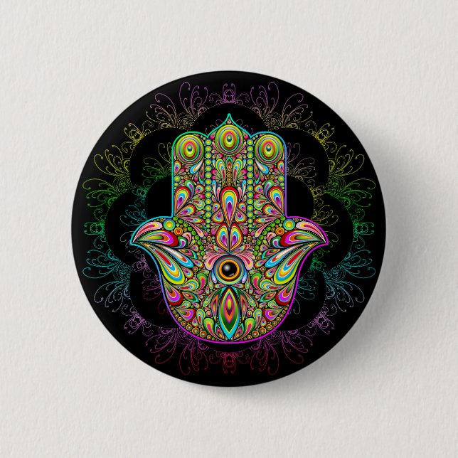 Badge Rond 5 Cm Hamsa Fatma Main Psychedelic Art (Devant)