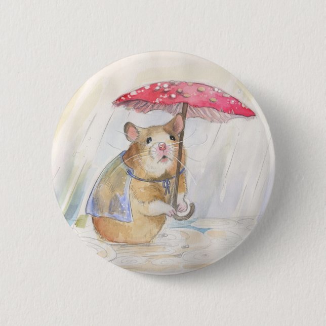Badge Rond 5 Cm Hamster dans la pluie - Champignons amusants (Devant)