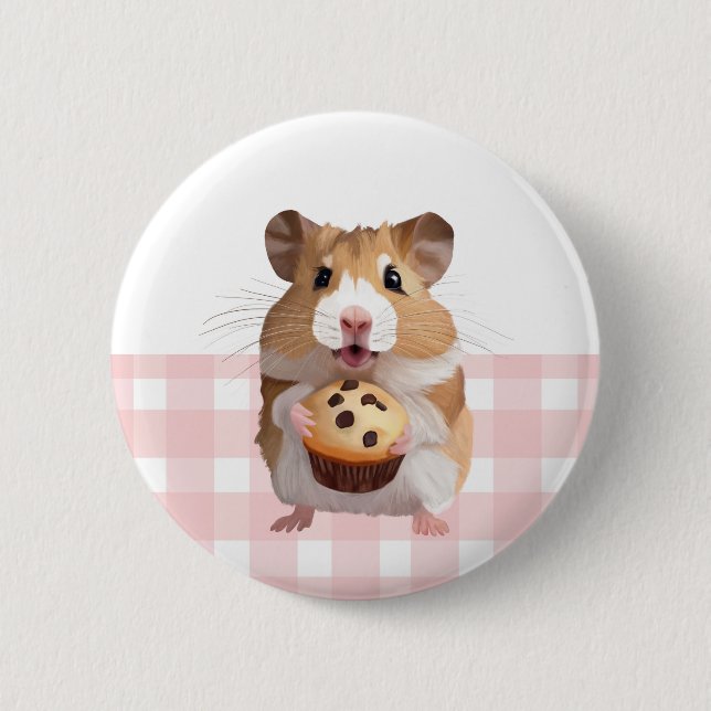Badge Rond 5 Cm Hamster mignon Avec Muffin Rose En vichy Check (Devant)