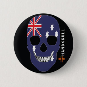 Badge Rond 5 Cm HANDSKULL Australie, Happy skull, drapeau australi