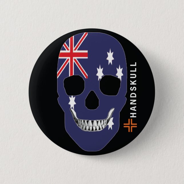 Badge Rond 5 Cm HANDSKULL Australie, Happy skull, drapeau australi (Devant)