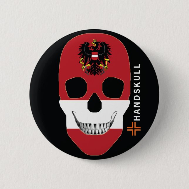 Badge Rond 5 Cm HANDSKULL Autriche, Happy skull, drapeau d'Autrich (Devant)