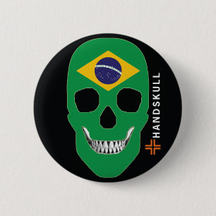 Badge Rond 5 Cm HANDSKULL Brésil, Happy skull, drapeau du Brésil