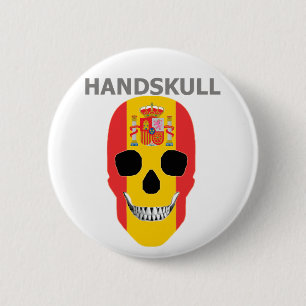 Badge Rond 5 Cm HANDSKULL Espagne, Happy crâne, drapeau d'Espagne