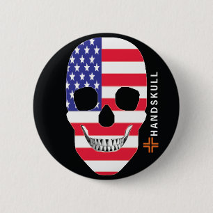 Badge Rond 5 Cm HANDSKULL États-Unis, Happy skull, drapeau des Éta