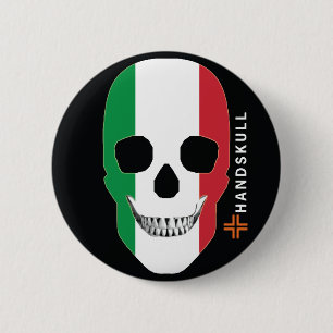 Badge Rond 5 Cm HANDSKULL Italie, Happy crâne, drapeau de l'Italie