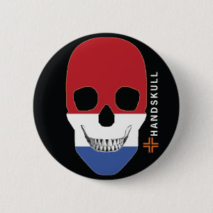 Badge Rond 5 Cm HANDSKULL Pays-Bas, Happy skull, drapeau Pays-Bas