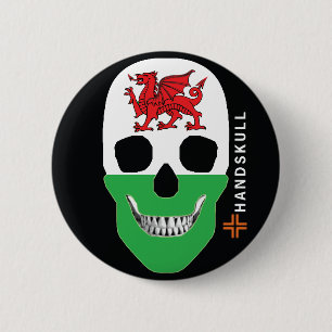 Badge Rond 5 Cm HANDSKULL Pays de Galles, Joyeux crâne, drapeau du
