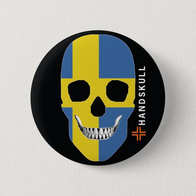 Badge Rond 5 Cm HANDSKULL Suède, Happy crâne, Drapeau Suède (Devant)
