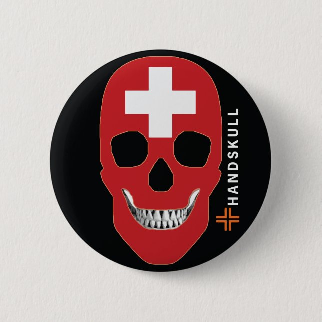 Badge Rond 5 Cm HANDSKULL Suisse, Happy skull, drapeau suisse (Devant)