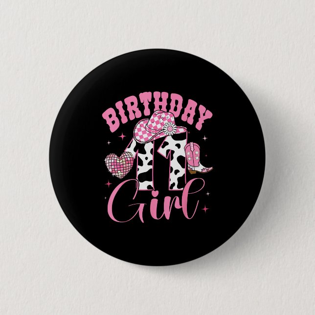 Badge Rond 5 Cm Happy 11th Birthday Girl Outfit Rodeo Western Cowg (Devant)