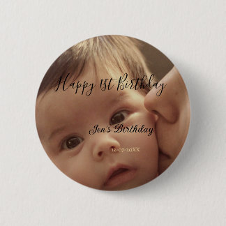 Badge Rond 5 Cm Happy 1st birthday name photo date stylish calligr