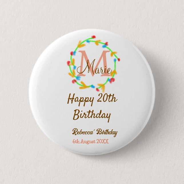 Badge Rond 5 Cm Happy 20th Birthday red add name monogram wreath (Devant)
