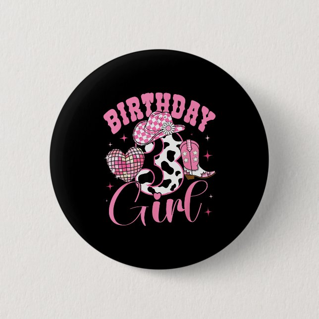Badge Rond 5 Cm Happy 3rd Birthday Girl Outfit Rodeo Western Cowgi (Devant)
