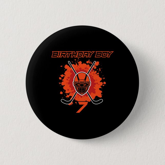 Badge Rond 5 Cm Happy 7th Birthday Boy Black And Orange Hockey Mas (Devant)