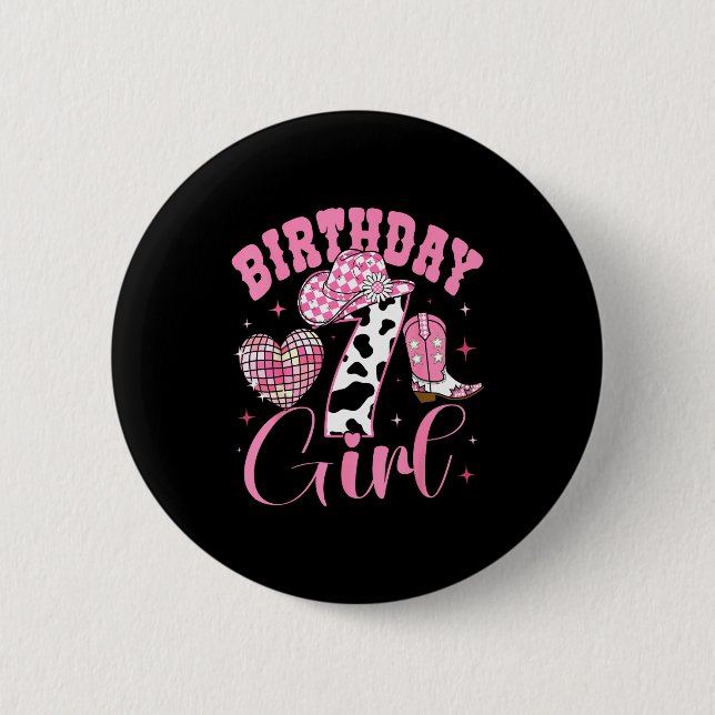 Badge Rond 5 Cm Happy 7th Birthday Girl Outfit Rodeo Western Cowgi (Devant)