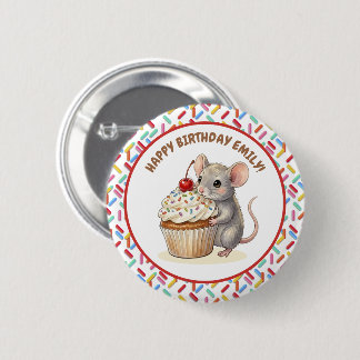 Badge Rond 5 Cm Happy Birthday Personalized Mouse & Cupcake Photo
