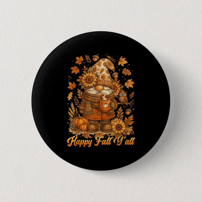 Badge Rond 5 Cm Happy Fall Y'all Gnome Pumpkin Autumn Thanksgiving (Devant)