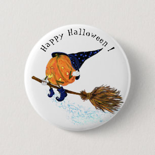 Badge Rond 5 Cm Happy Halloween Witch Pumpkin Flying Broom - Fun