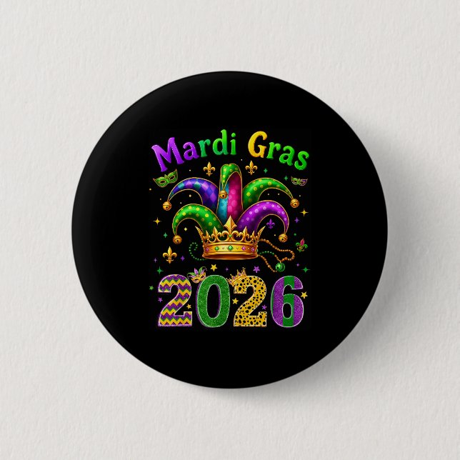 Badge Rond 5 Cm Happy Mardi Gras 2026 Jester Hat Men Women Kid Car (Devant)