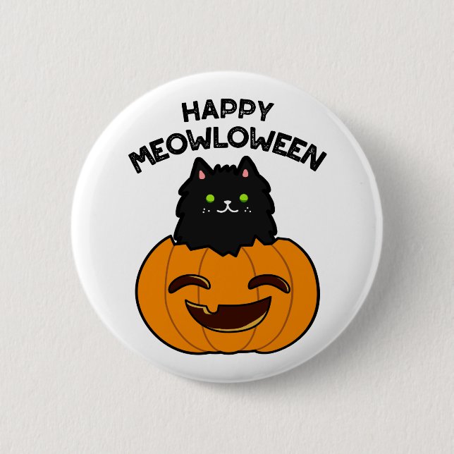 Badge Rond 5 Cm Happy Meowloween Funny Halloween jeu de chat noir (Devant)