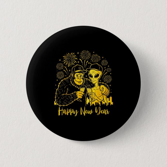 Badge Rond 5 Cm Happy New Year 2026 Bigfoot Alien Lovers New Years (Devant)