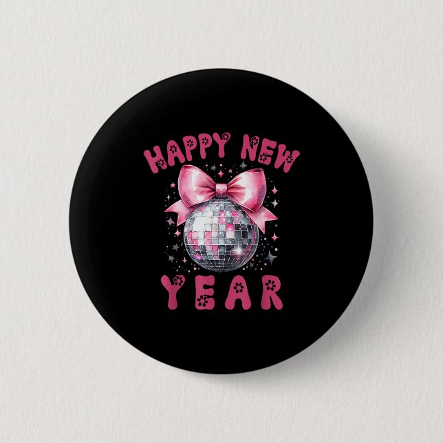 Badge Rond 5 Cm Happy New Year 2026 Coquette Nk Bow Disco Ball Wom (Devant)