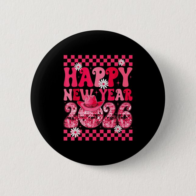 Badge Rond 5 Cm Happy New Year 2026 Cowgirl Cowboy Disco Ball Girl (Devant)