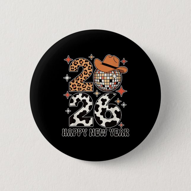 Badge Rond 5 Cm Happy New Year 2026 Cowgirl Disco Ball Western Leo (Devant)