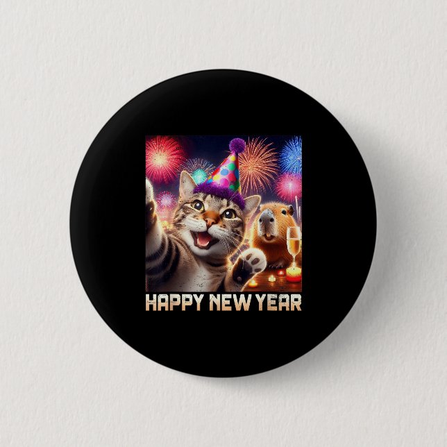 Badge Rond 5 Cm Happy New Year 2026 Cute Cat Capybara Party Art  (Devant)