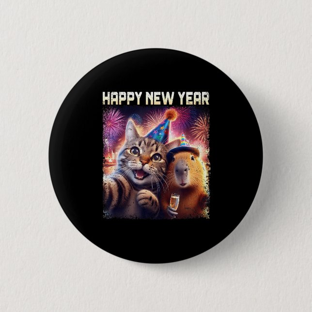 Badge Rond 5 Cm Happy New Year 2026 Cute Cat Capybara Party Art  (Devant)