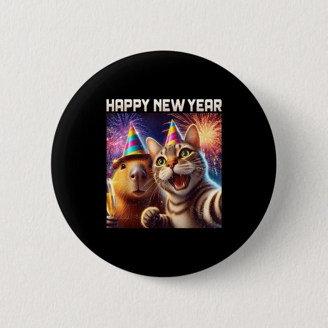 Badge Rond 5 Cm Happy New Year 2026 Cute Cat Capybara Party Art  (Devant)