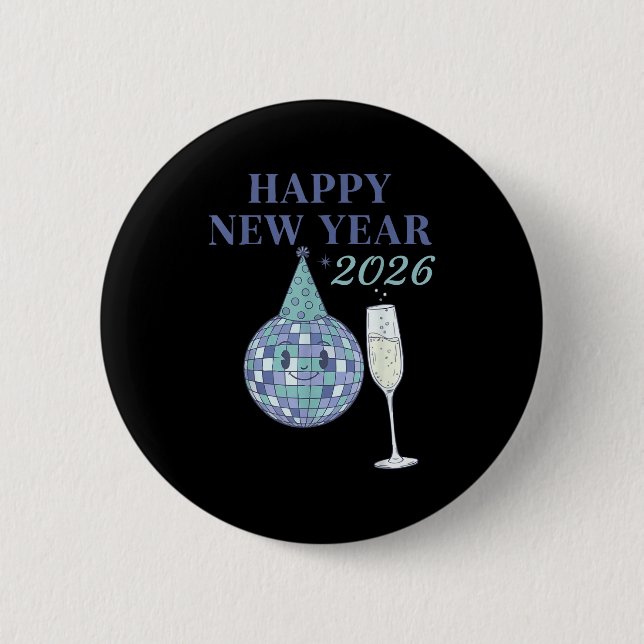 Badge Rond 5 Cm Happy New Year 2026 Disco Ball Celebration  (Devant)
