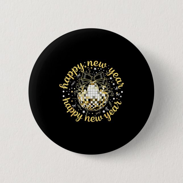 Badge Rond 5 Cm Happy New Year 2026 Disco Ball Gold Bow Coquette C (Devant)
