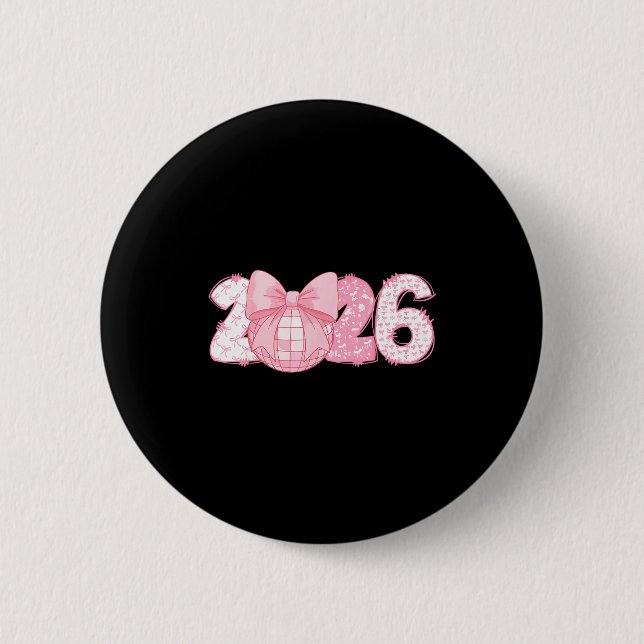 Badge Rond 5 Cm Happy New Year 2026 Disco Ball Nk Coquette Bow Fam (Devant)