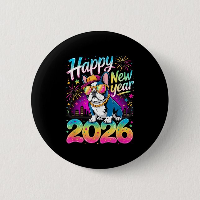 Badge Rond 5 Cm Happy New Year 2026 French Bulldog Fireworks Party (Devant)