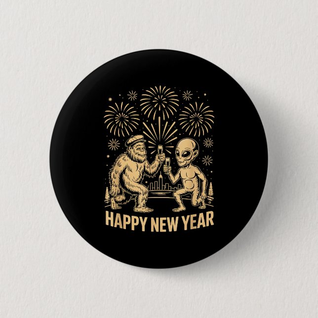 Badge Rond 5 Cm Happy New Year 2026 Funny Bigfoot And Alien Lovers (Devant)