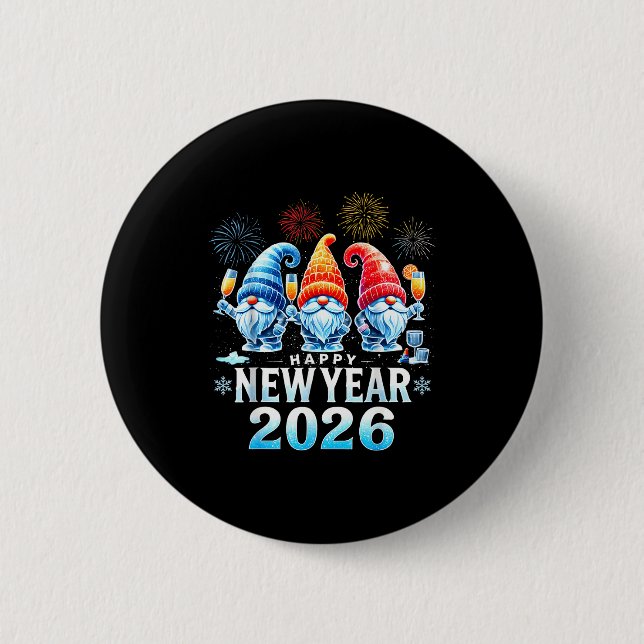 Badge Rond 5 Cm Happy New Year 2026 Gnomes Family Party New Years  (Devant)