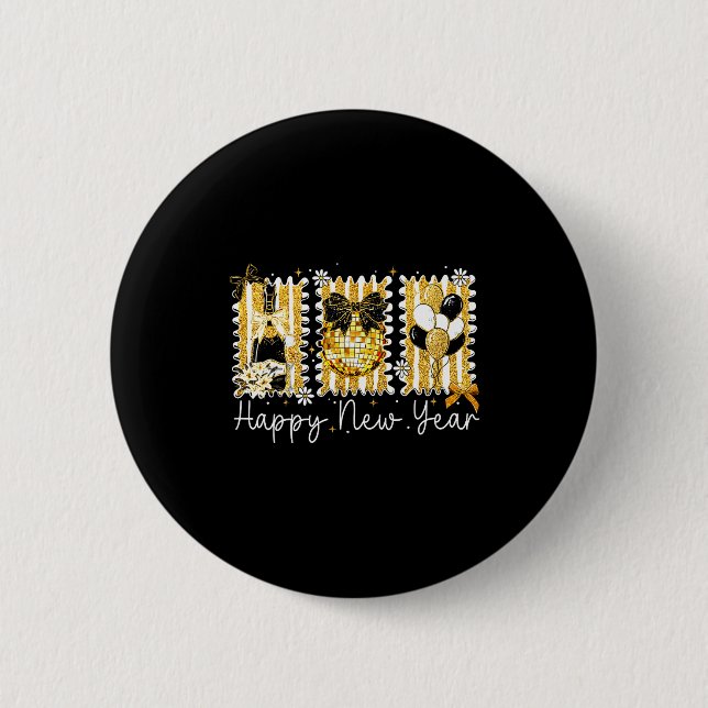 Badge Rond 5 Cm Happy New Year 2026 Gold Coquette Bow Disco Ball C (Devant)