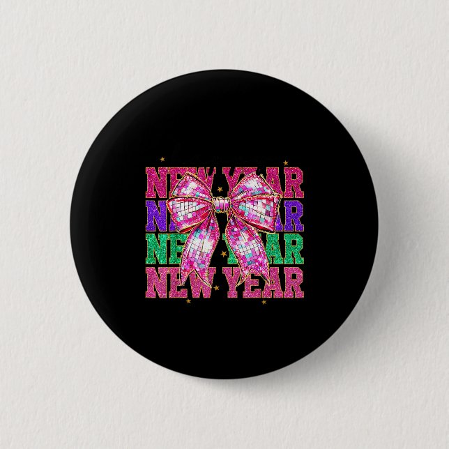 Badge Rond 5 Cm Happy New Year 2026 Nk Coquette Bow Disco Ball Cou (Devant)